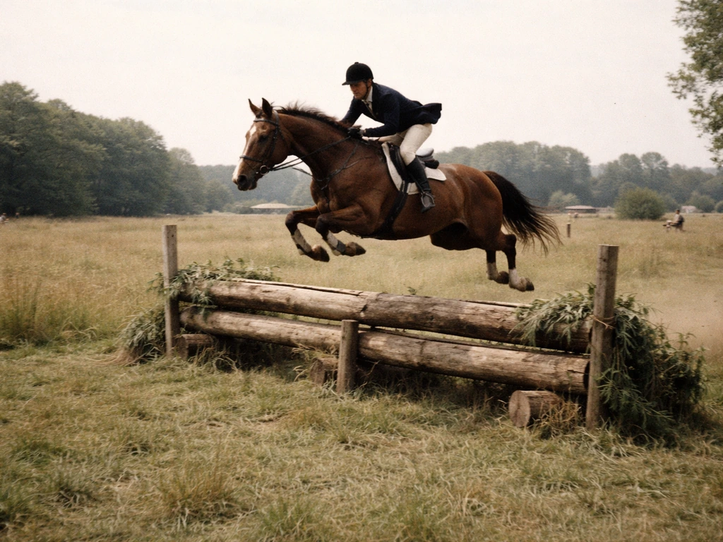 Archive-style view of a horse eventing rider cresting a countryside jump, evoking 1960s–1980s competition.