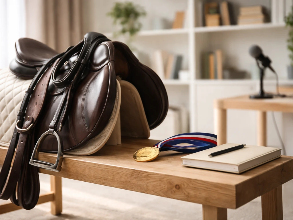 Equestrian tack, a gold medal ribbon, and a small microphone on a simple bench symbolizing wealth drivers.