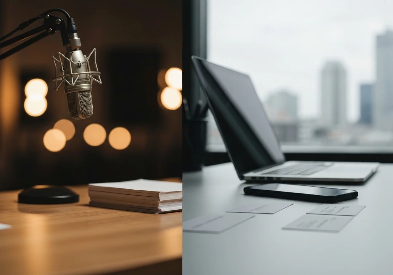 Split-screen style photo showing music-business cues: microphone, desk, and city skyline at dusk