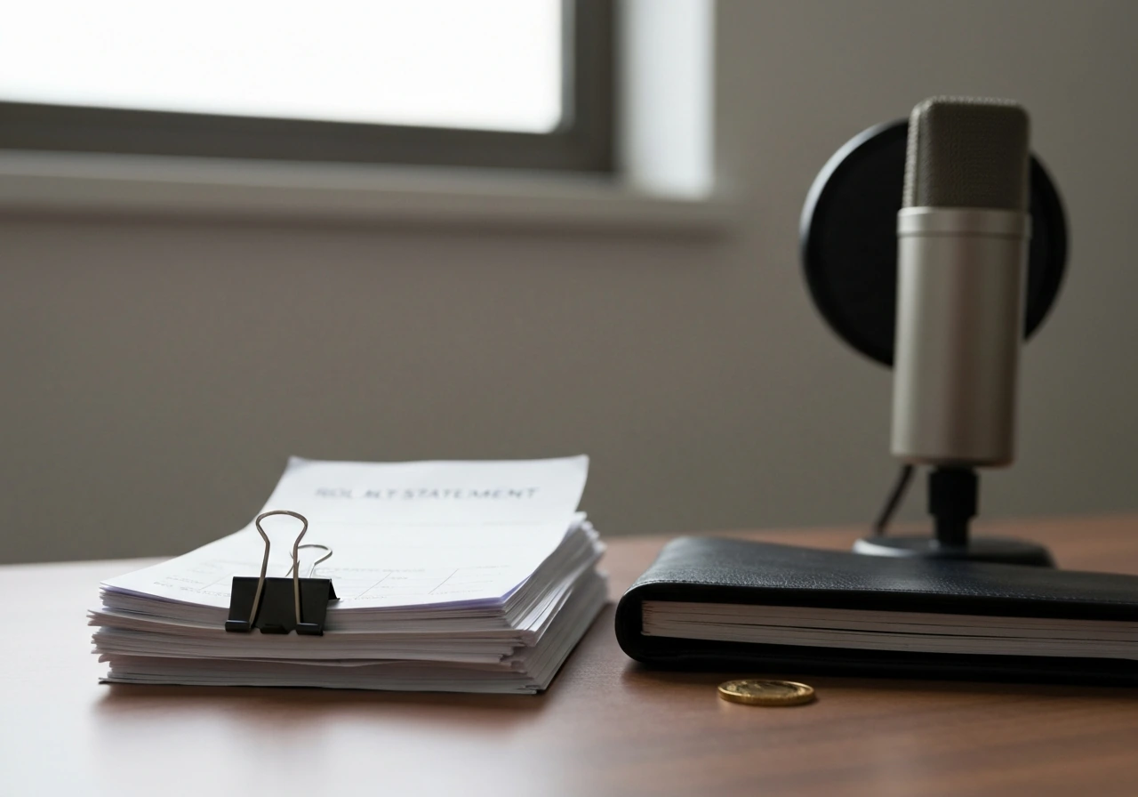 Minimal desk with royalty statement-like papers, leather portfolio, and a studio microphone in natural light