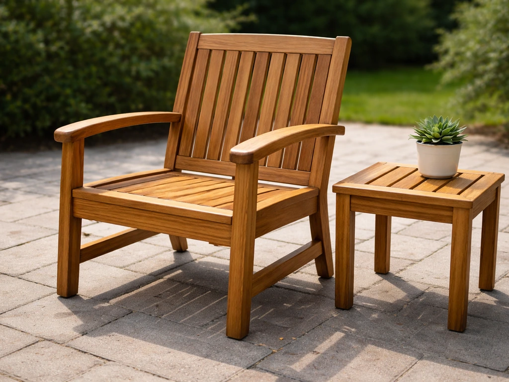 Well-maintained teak patio chair and side table with a freshly refreshed warm golden-brown teak oil finish.