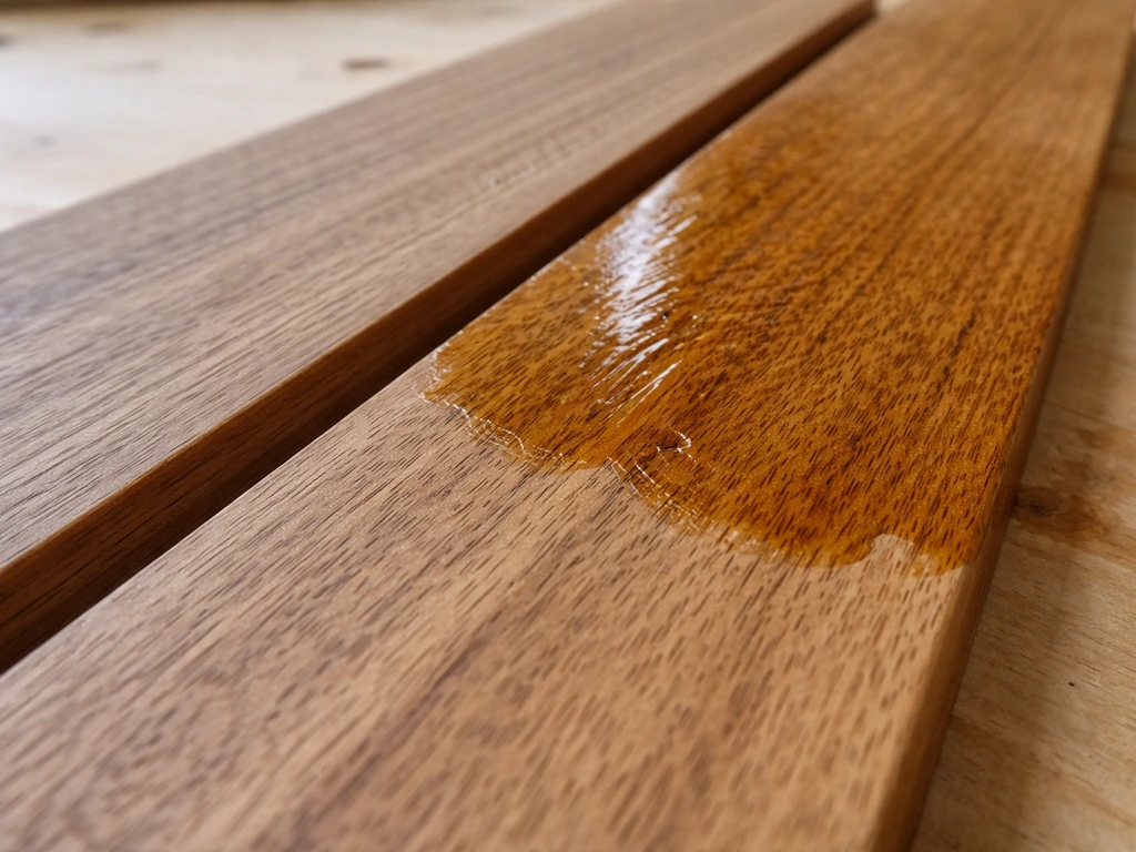 Close-up teak wood with golden oil soaking into the grain, showing penetration not surface coating.