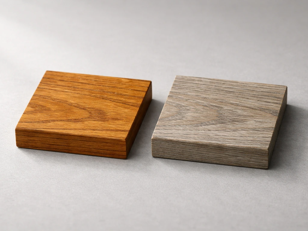 Two side-by-side teak samples: one UV-protected with warm color, one untreated and grayed by sun.
