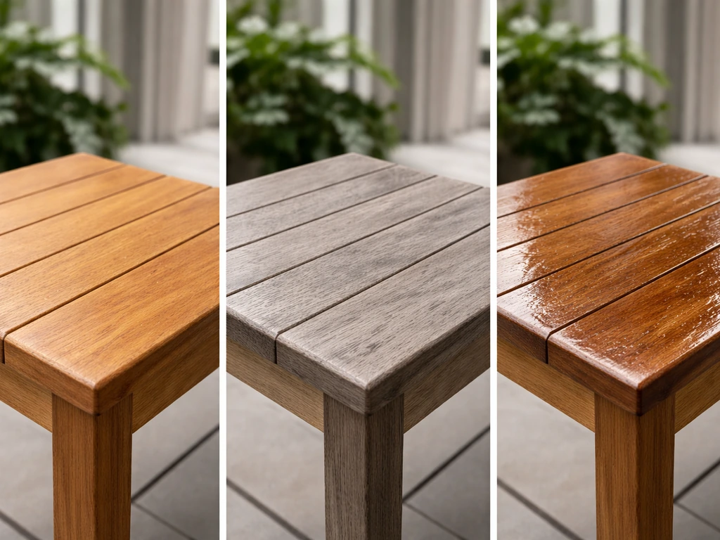 Three-part photo showing new, gray-weathered, and previously oiled teak with different oil sheen levels.