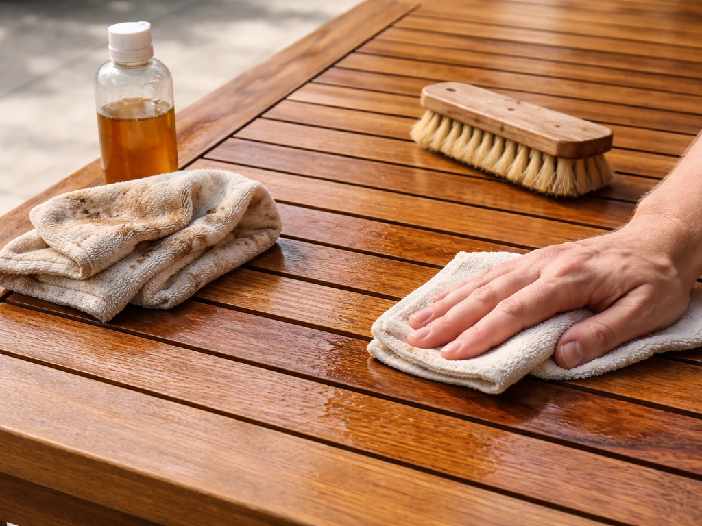 Patio teak table being cleaned and oiled with a cloth and small brush, showing a neat wipe-off