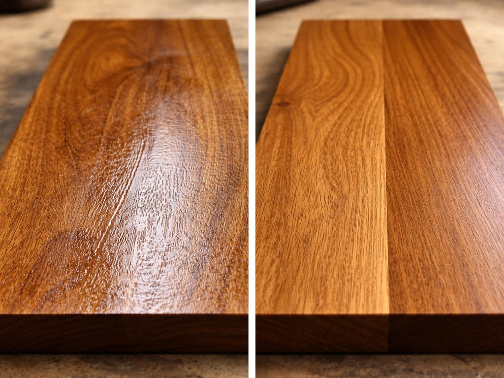 Close-up of oiled teak board showing tacky gummy surface on one corner and evenly cured sheen on the other.