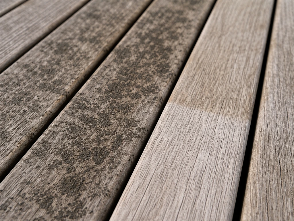 Close-up of gray teak with black mildew spots beside a freshly cleaned lighter area.
