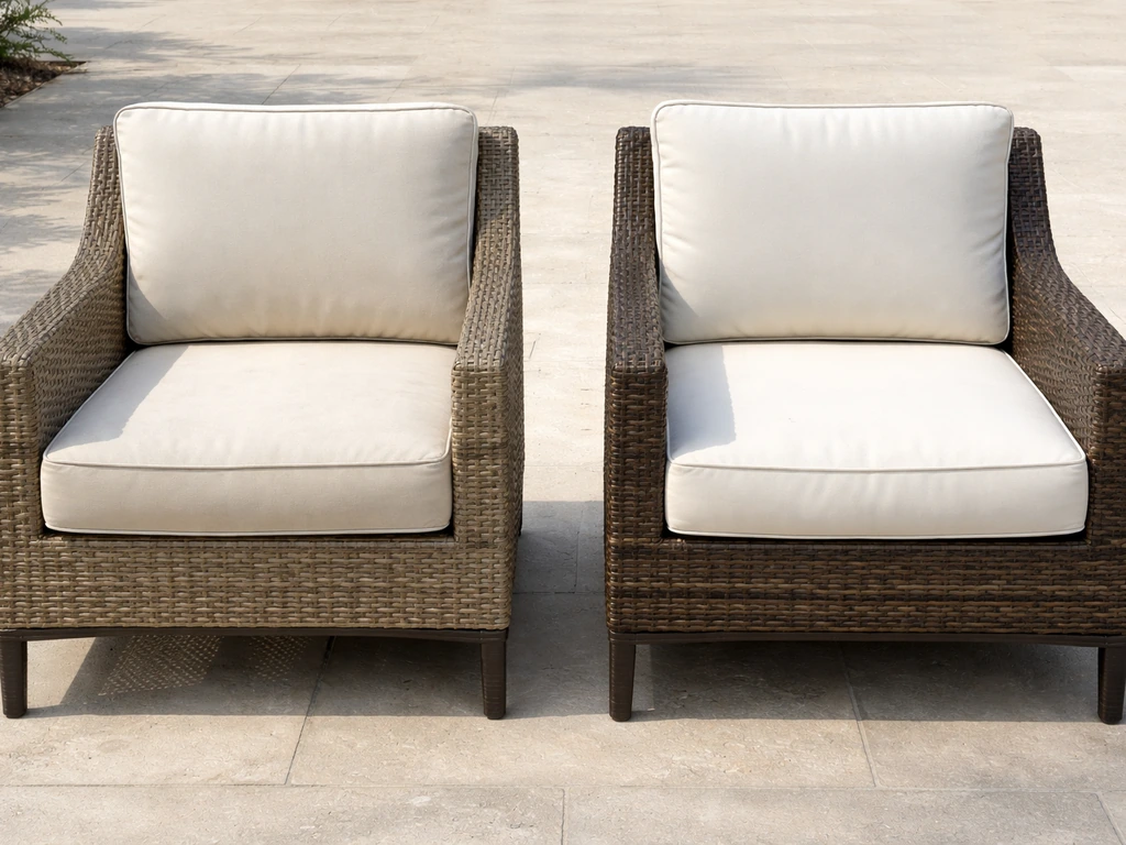 Side-by-side outdoor wicker chairs: sun-faded cushions on one, well-protected cushions on the other.