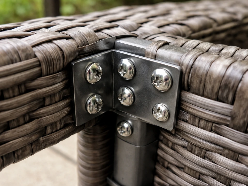 Closeup of wicker furniture connection points with corrosion-resistant stainless bolts and screws