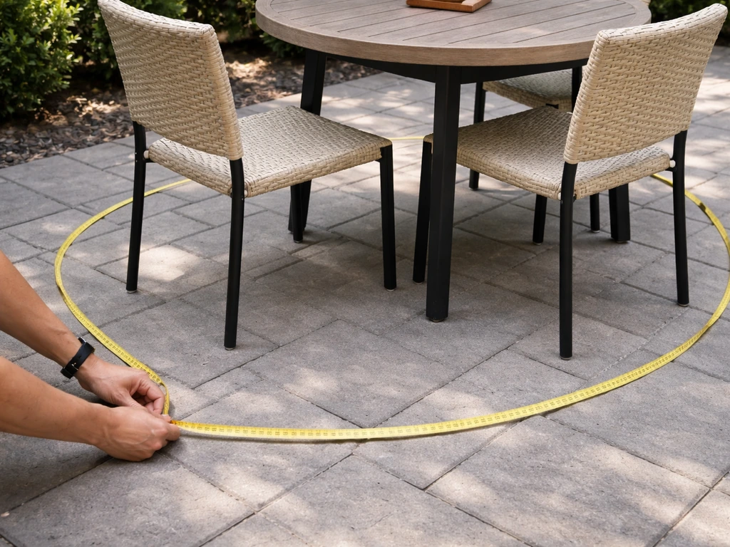 Close-up of tape measure showing clearance around a round outdoor dining table and chairs on a patio.