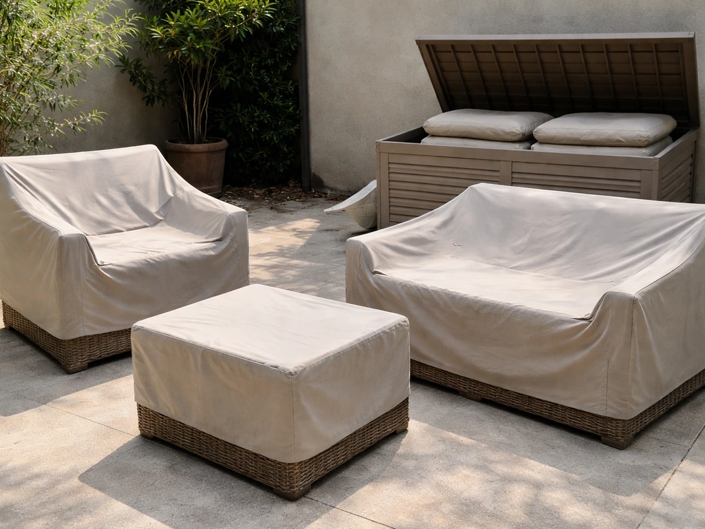 Wicker outdoor cushions under a fitted vented cover with a storage compartment open for seasonal protection.