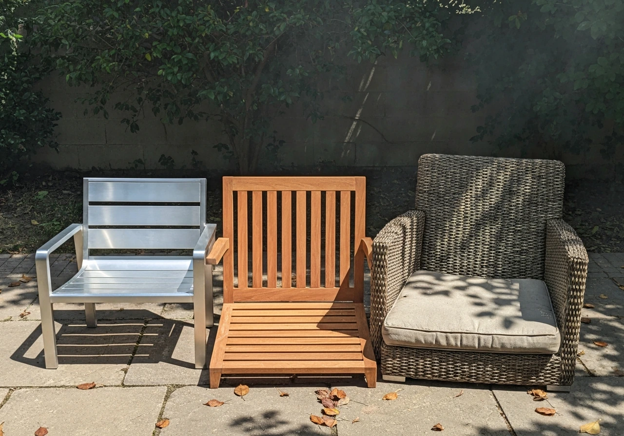 Outdoor patio display of aluminum, teak, wicker furniture pieces with cushions in natural sun and shade.