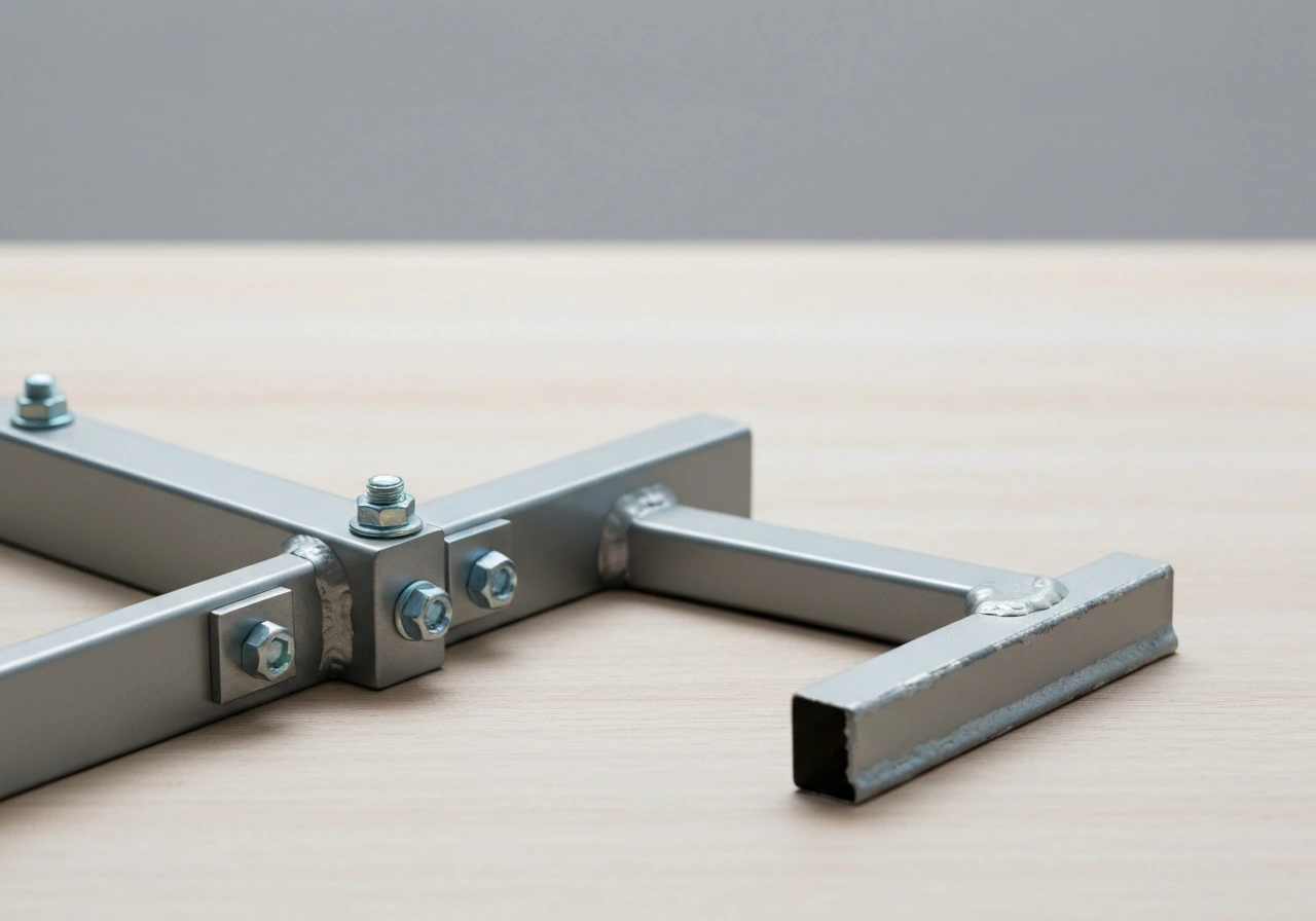 Close-up of a chair frame joint, bolts, and finish on a simple tabletop inspection setup.