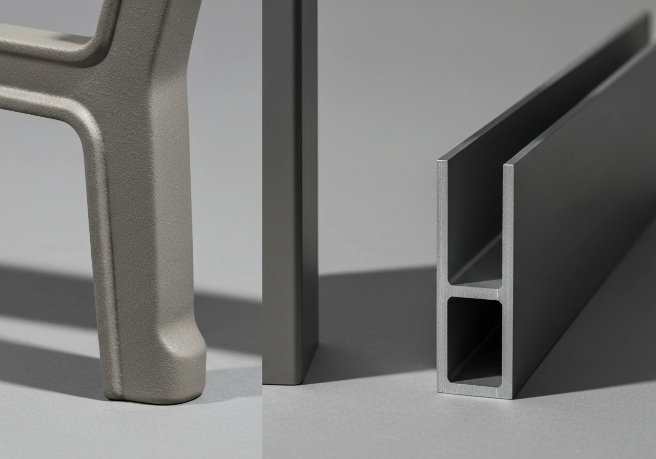 Side-by-side closeups of cast and extruded aluminum patio furniture details with powder-coated finish
