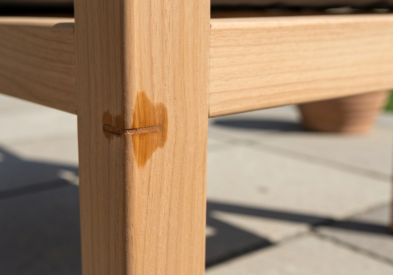 Close-up of teak wood joint and leg showing tight grain with slight wet-oiled sheen contrast