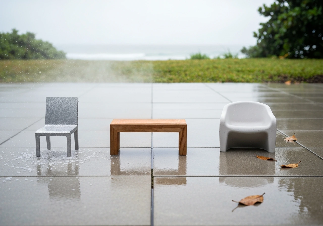 Outdoor patio scene with cast aluminum, teak, and plastic furniture side by side in wet, coastal and humid lighting