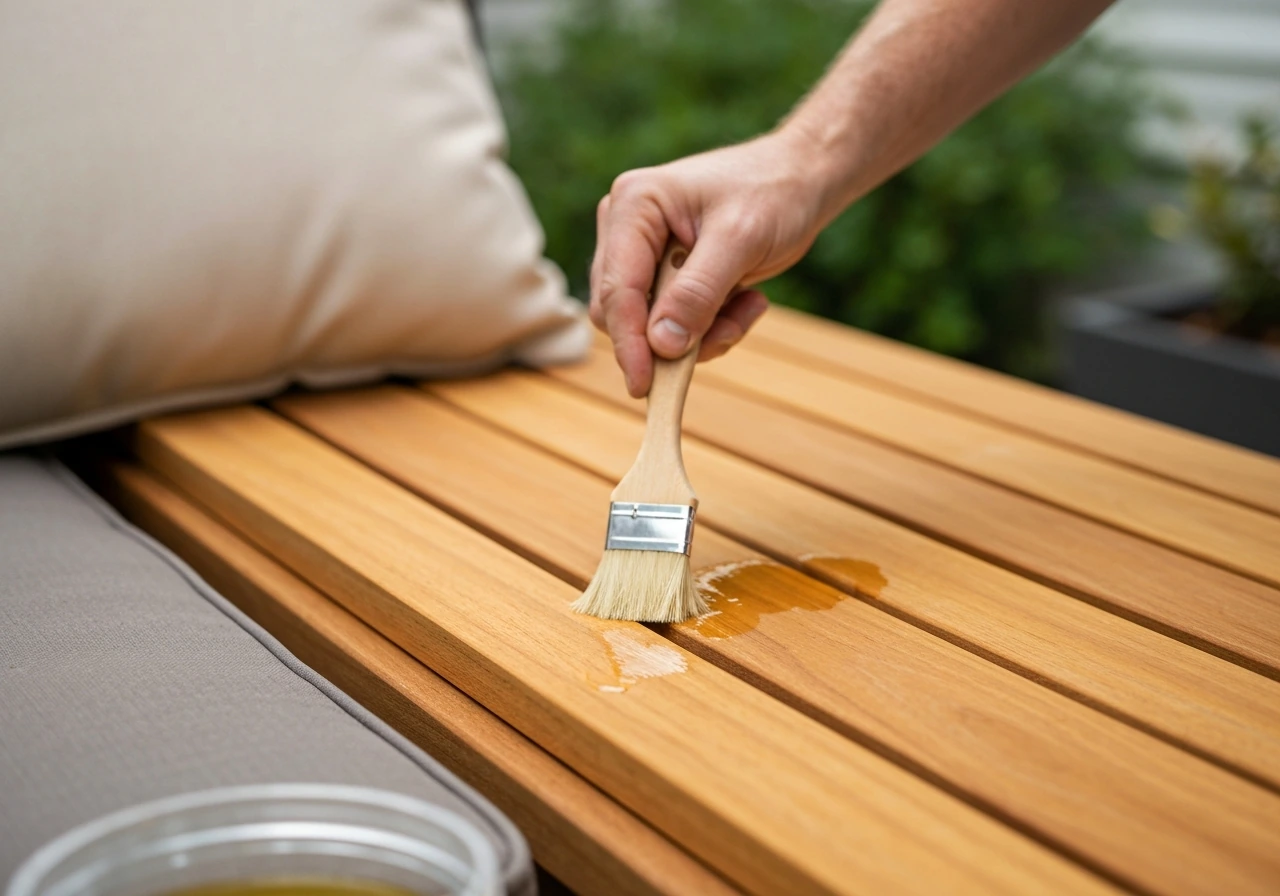 Hand applying teak oil to a honey-golden wooden slat on a patio bench cushion set.