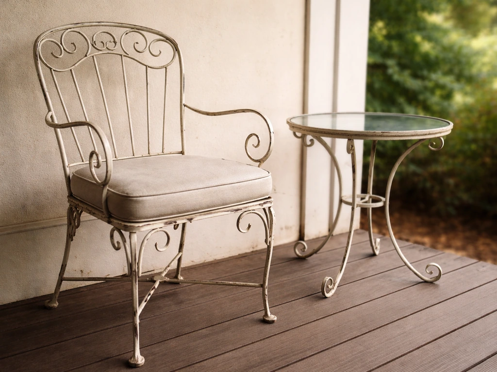 Vintage-style wrought iron patio chair and small side table with aged finish on a sunlit porch