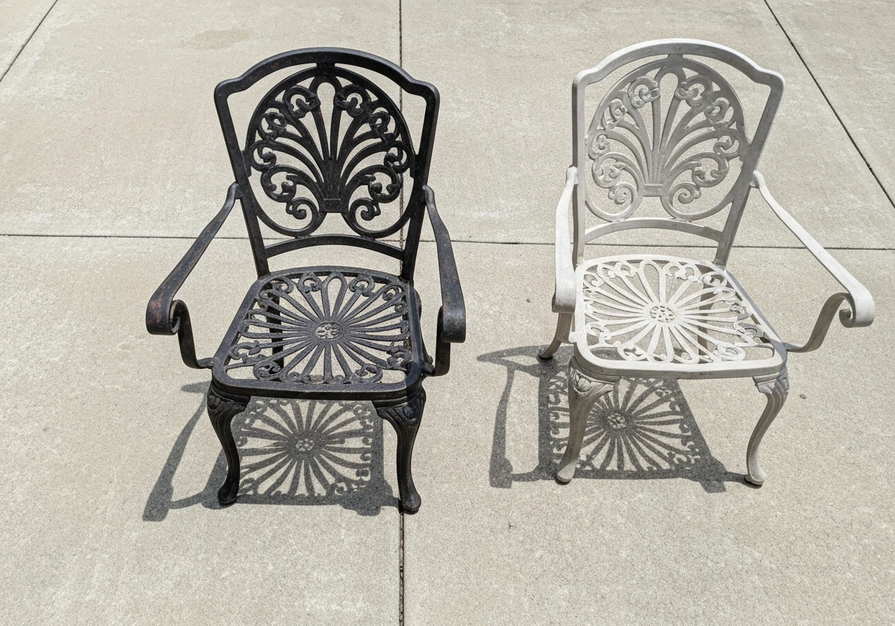 Top-down patio chair inspection showing thick wrought-iron frame and a lighter look-alike beside it.