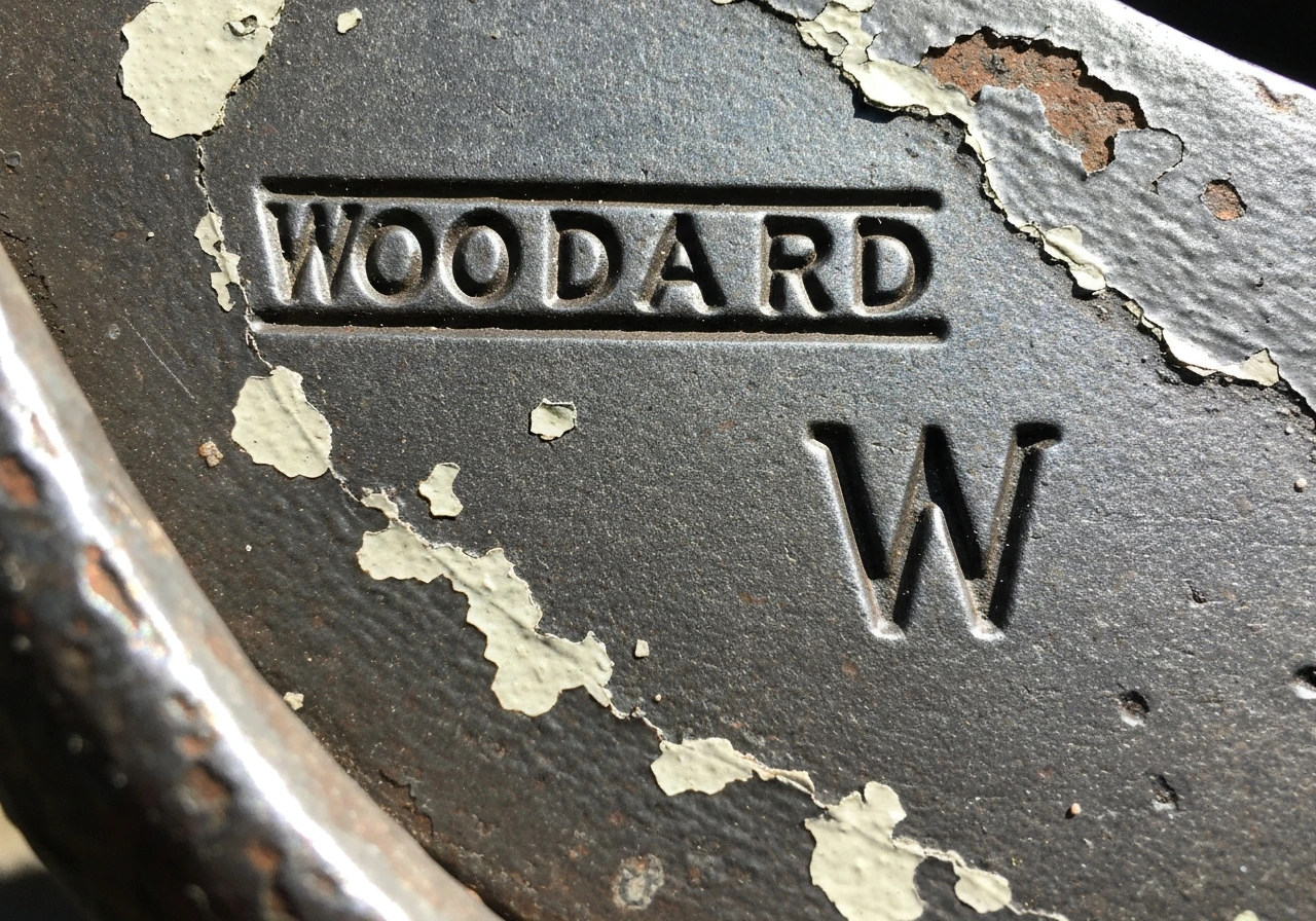 Close-up of wrought iron showing embossed “Woodard” and “W” marks with nearby paint buildup