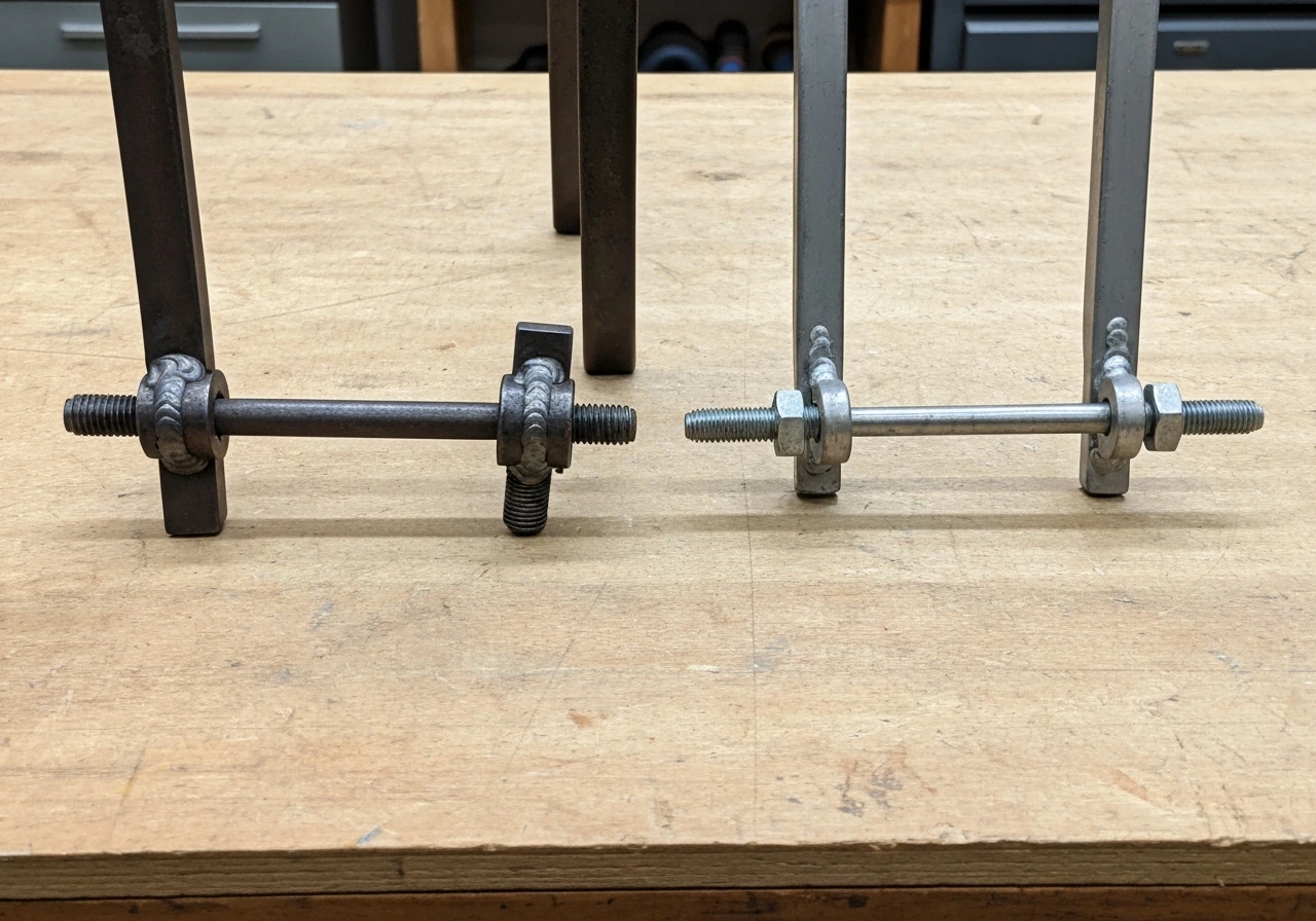 Close-up side-by-side wrought iron chair joinery showing authentic-heavy hardware vs lighter look-alike connections