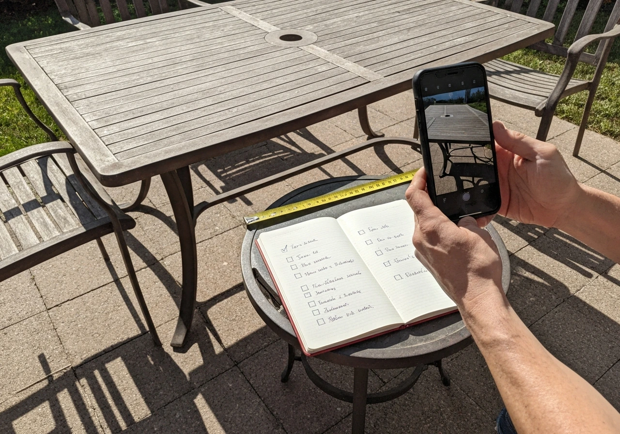 Person photographing a vintage wood patio set while taking measurements on a notepad