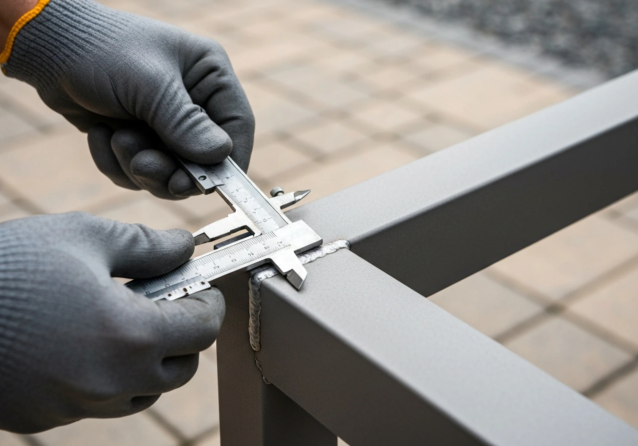 Close-up of hands inspecting patio furniture hardware and frame thickness with a caliper