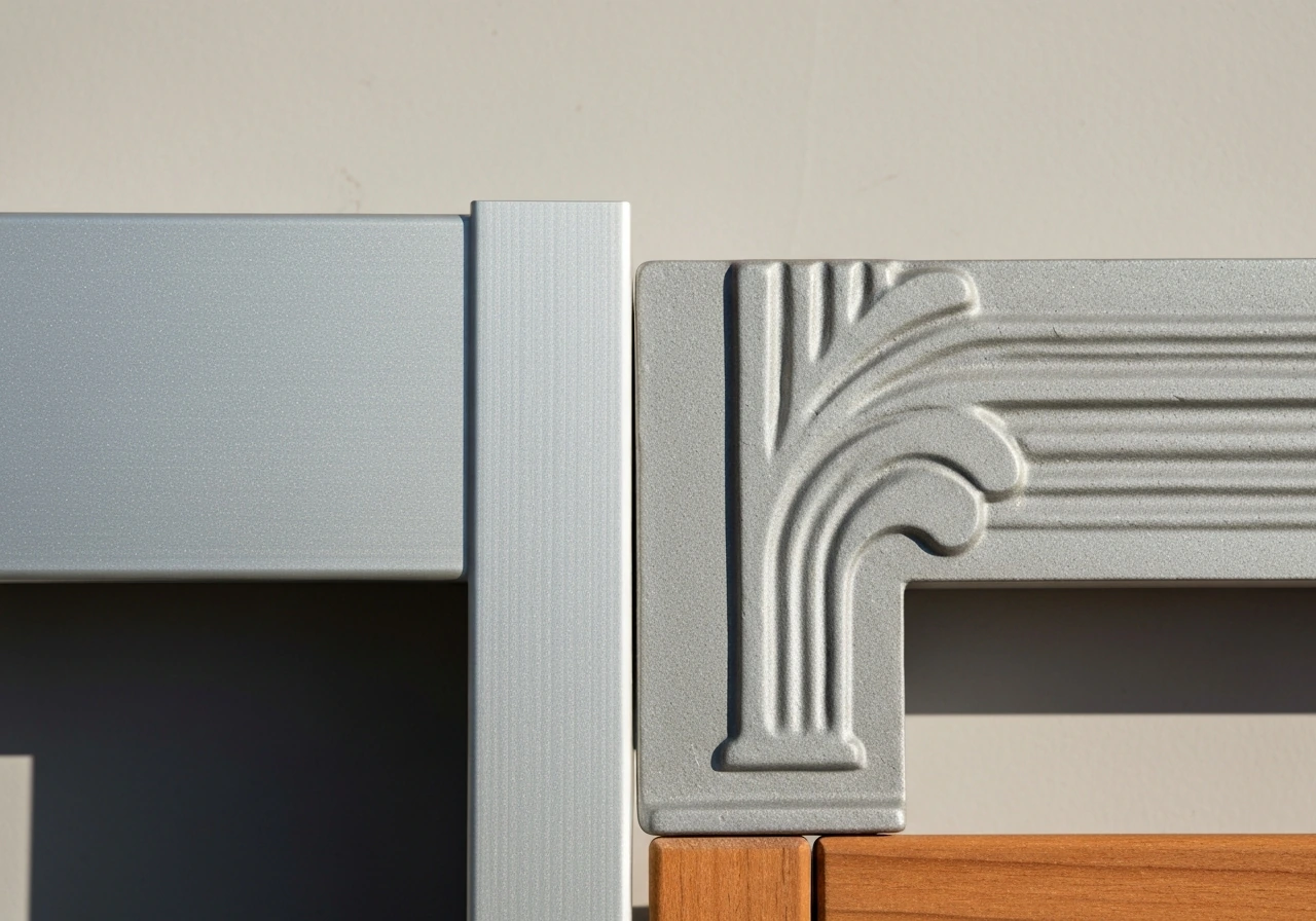 Close-up of powder-coated aluminum and cast-aluminum outdoor furniture textures with subtle teak tones