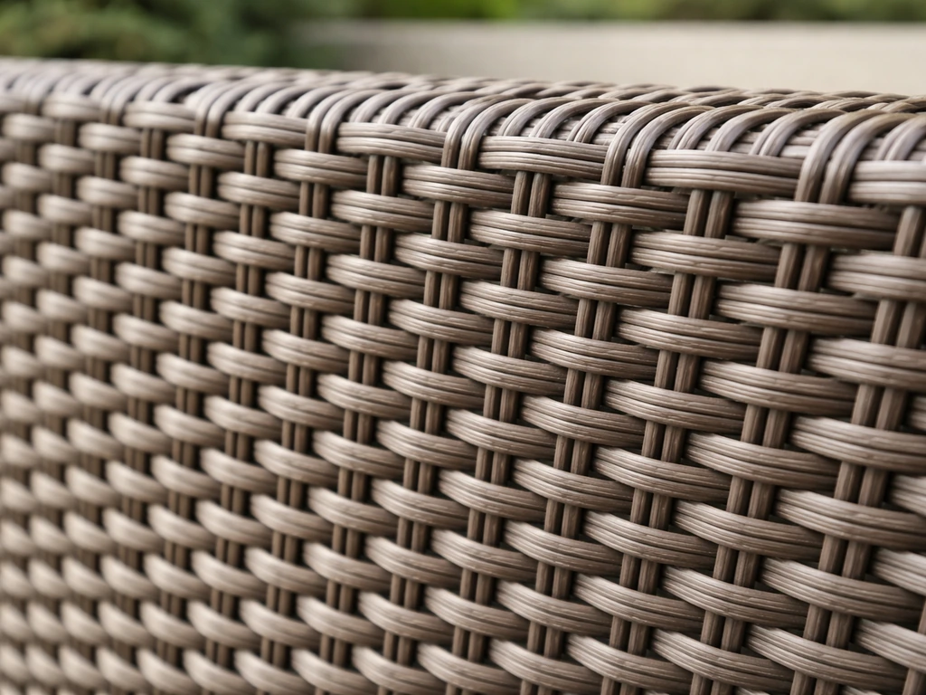 Close-up of tight loom-weaving resin wicker showing a durable, all-weather patio weave pattern.