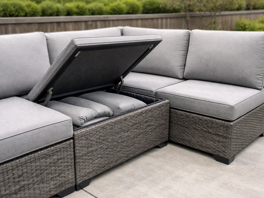Modular patio sectional outdoors with open built-in cushion storage compartment showing weatherproof design.