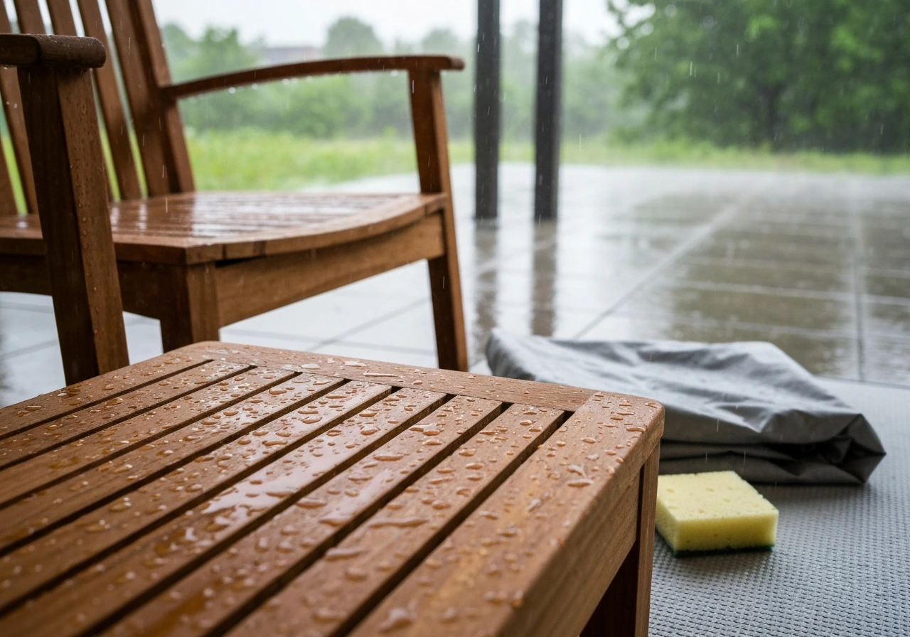 Rainy patio with teak furniture, water beading on the wood, and a damp cover and cleaning sponge nearby.