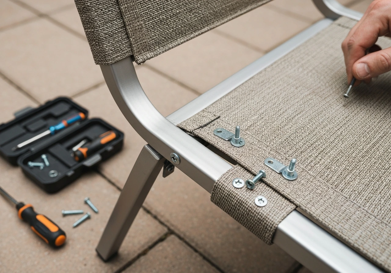 Close-up of patio chair repair with sling fabric replacement and fresh hardware on aluminum wicker frame.