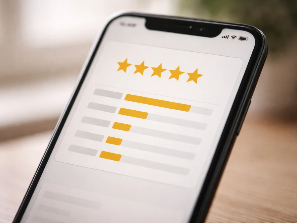 Close-up of a smartphone product reviews view showing star average and score distribution clusters.