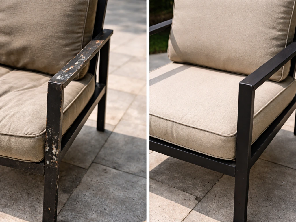 Side-by-side close-up of a weather-damaged cushion and rusted frame versus a well-finished frame.