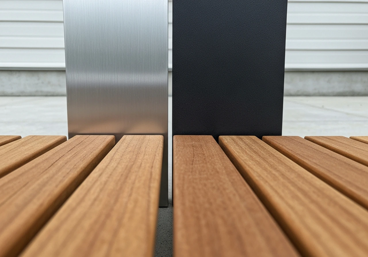 Teak outdoor slats in foreground with aluminum and powder-coated steel frame sections beside them