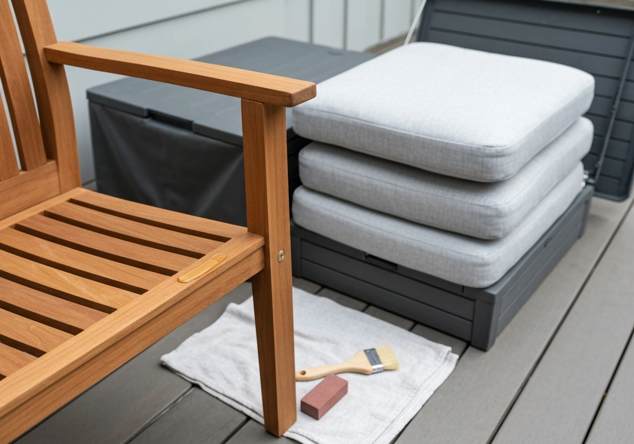 Outdoor chair and cushions being cleaned and stored, with teak wood being lightly sanded and oiled.