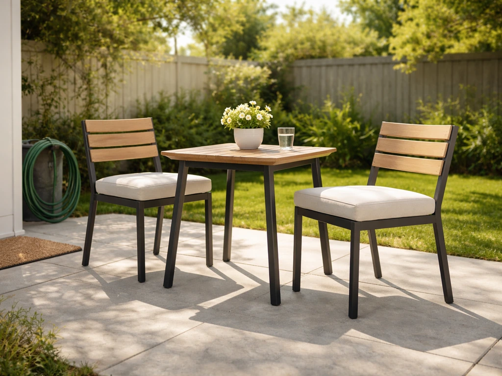 Bright patio with cushioned chairs and a small table, showing inviting patio furniture materials