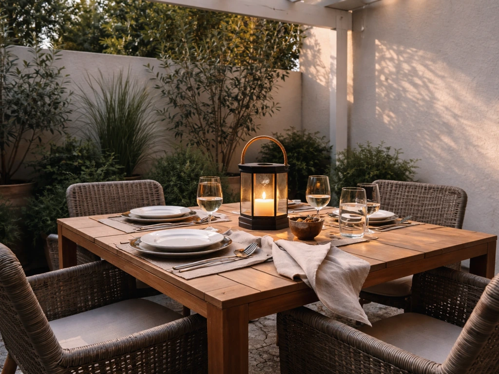 Cozy patio dining set with wood table, outdoor chairs, and potted greenery in soft evening light.
