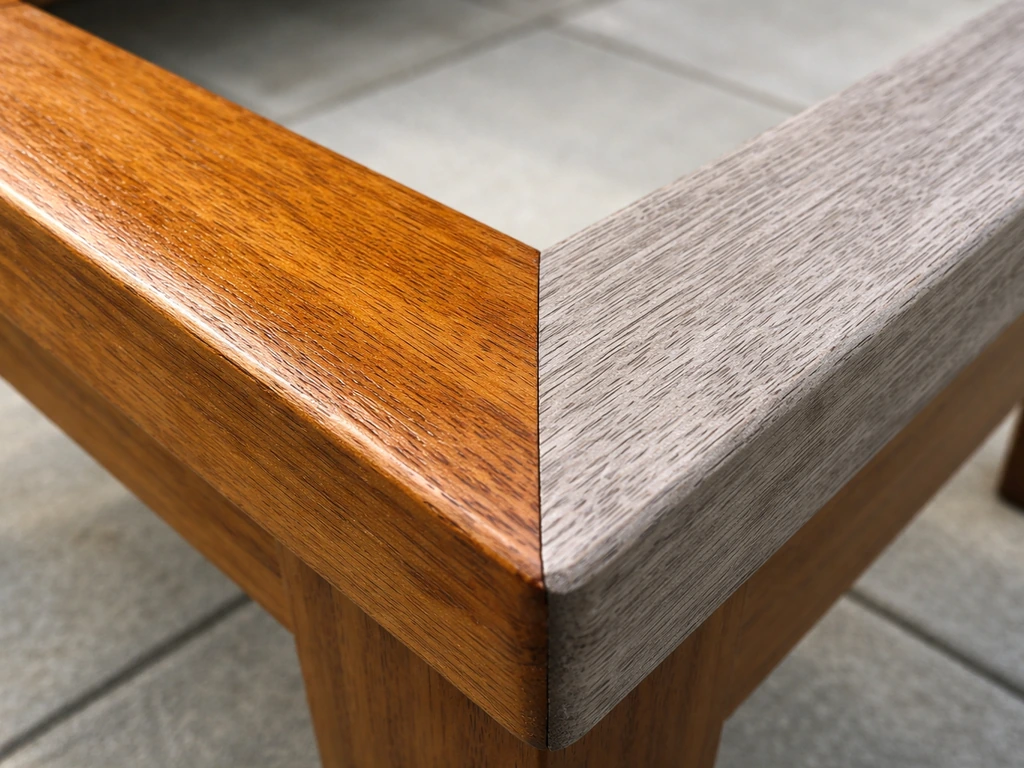 Close-up of teak wood showing rich oiled grain with nearby untreated silvery-gray weathered areas