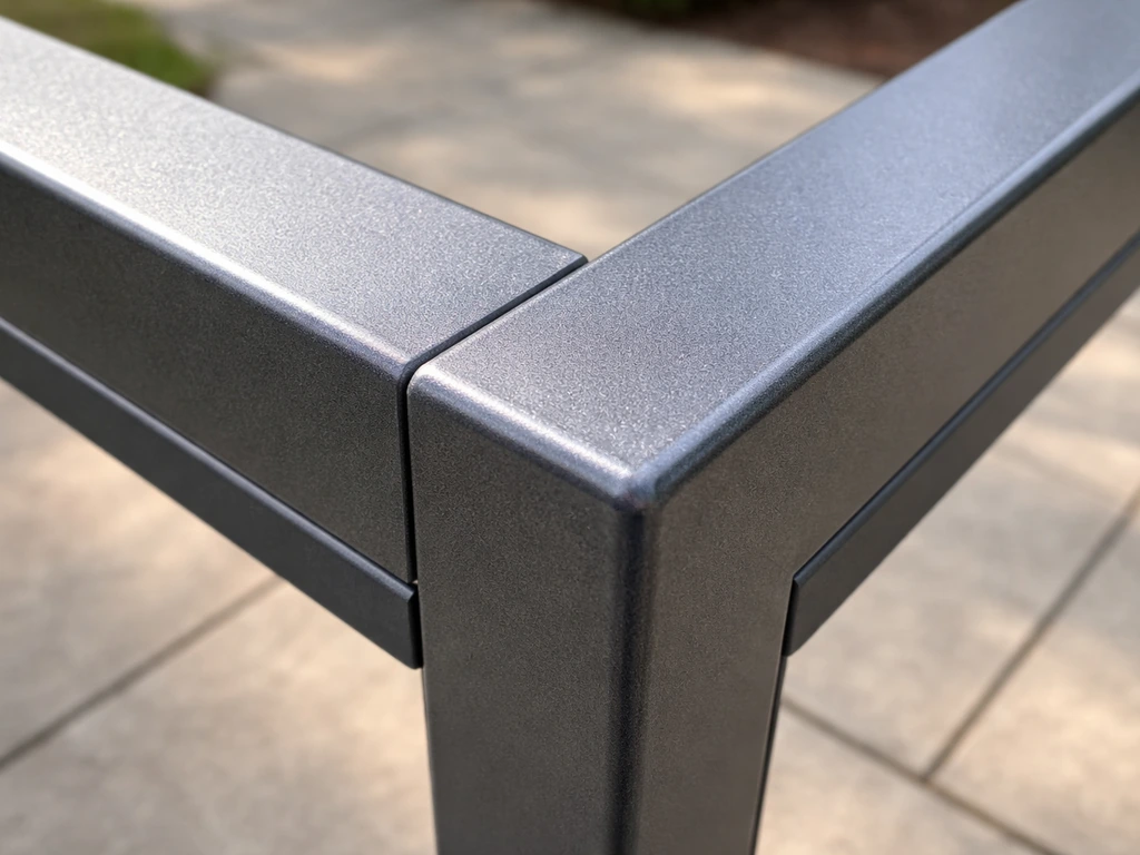 Close-up of a powder-coated aluminum patio frame corner with smooth, clean construction.
