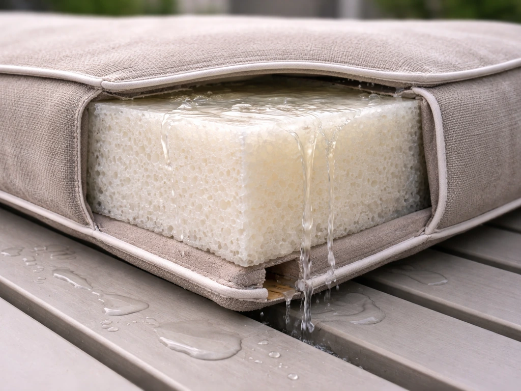 Minimal outdoor cushion cross-section showing quick-dry foam core with water draining away.