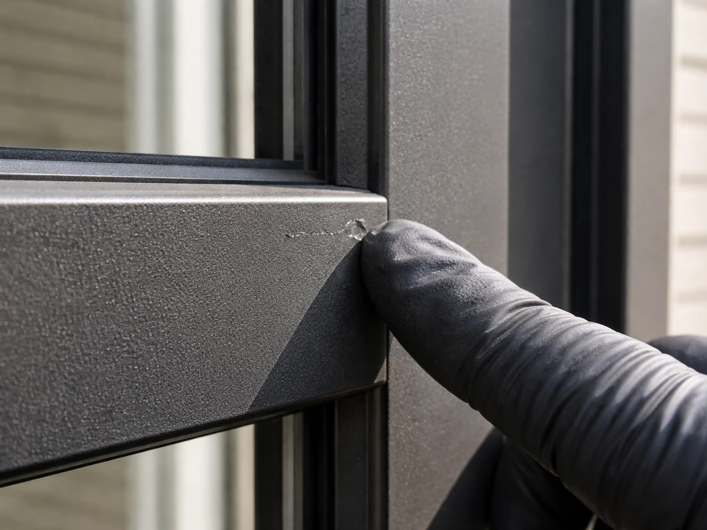 Close-up of powder-coated aluminum frame as a technician hand inspects for chips and scratches.