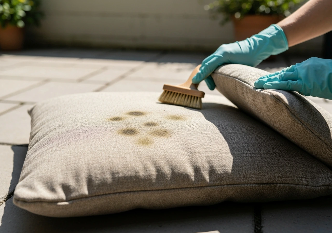 Outdoor cushion fabric close-up with visible stains, being cleaned and aired to prevent mildew.