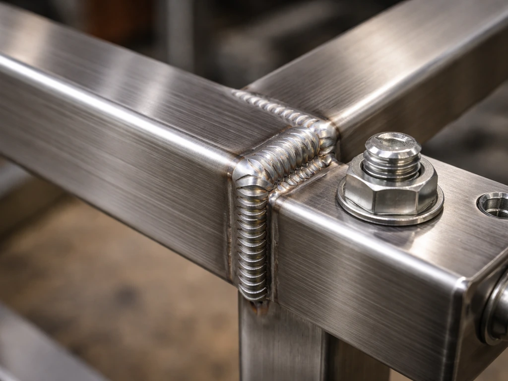 Close-up of metal frame welds with smooth continuous beads and stainless fasteners in focus