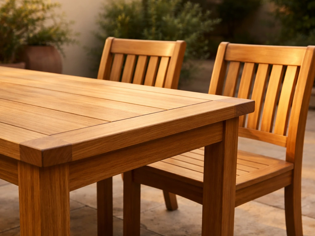 Solid teak patio dining set with rich honey-gold wood grain in a calm outdoor courtyard
