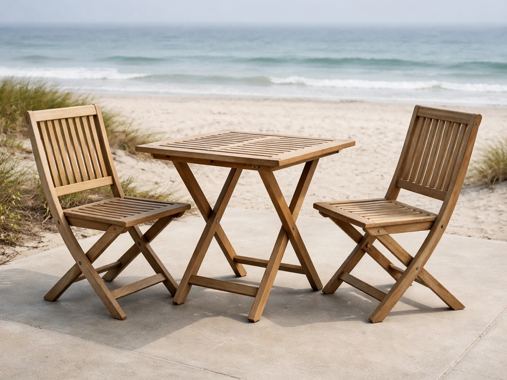 Grade A teak patio set near the ocean with salt-air wear and weather-resistant hardware in natural light.