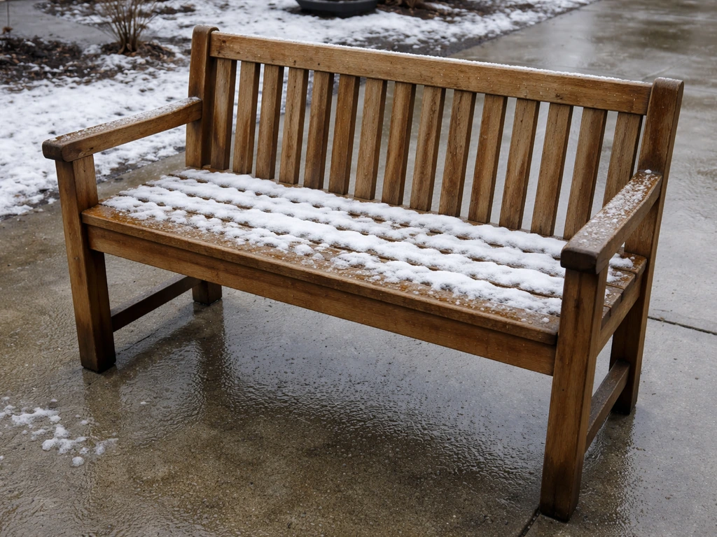 Teak patio bench outdoors with thin melting snow and moisture, showing cold wet winter conditions.