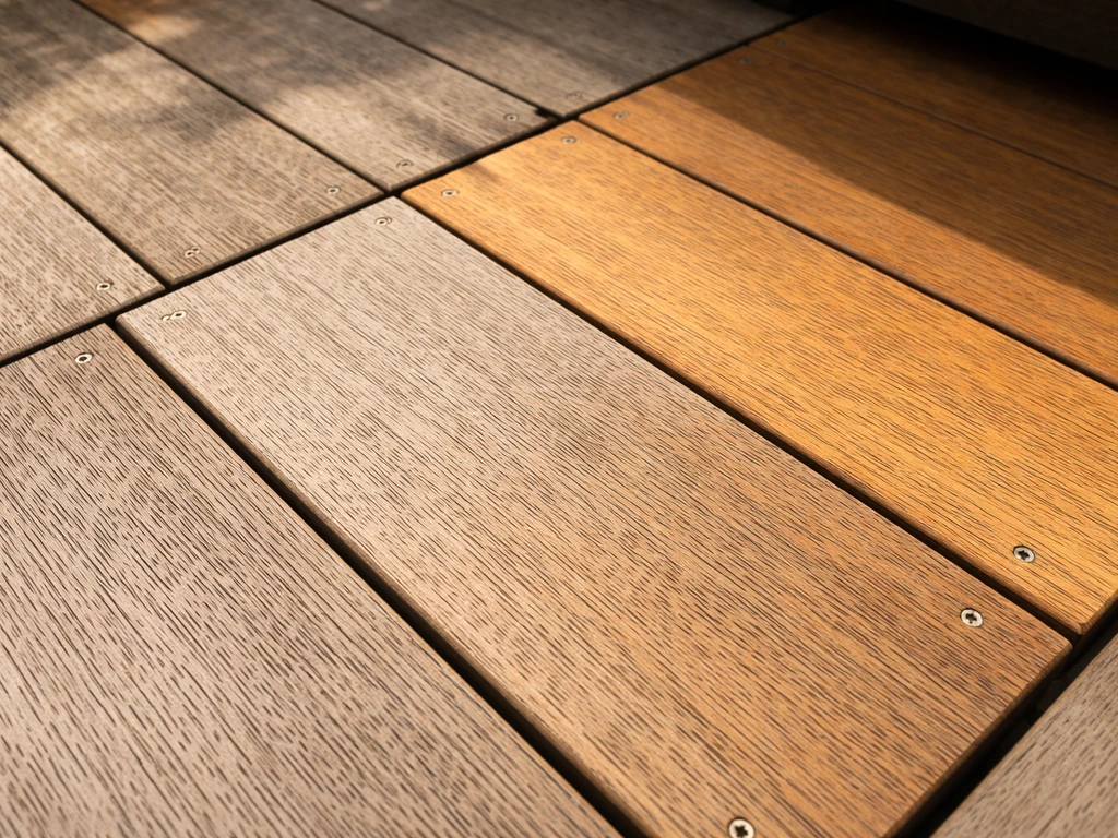 Teak patio planks side-by-side: one sun-faded to gray, one under cover stays warm gold.