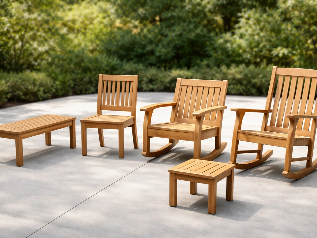Five teak patio furniture pieces arranged outdoors, showing varied styles and wood grain.