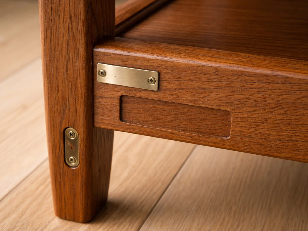 Close-up of teak furniture underside with tag area, joinery, and hardware for pre-purchase inspection.